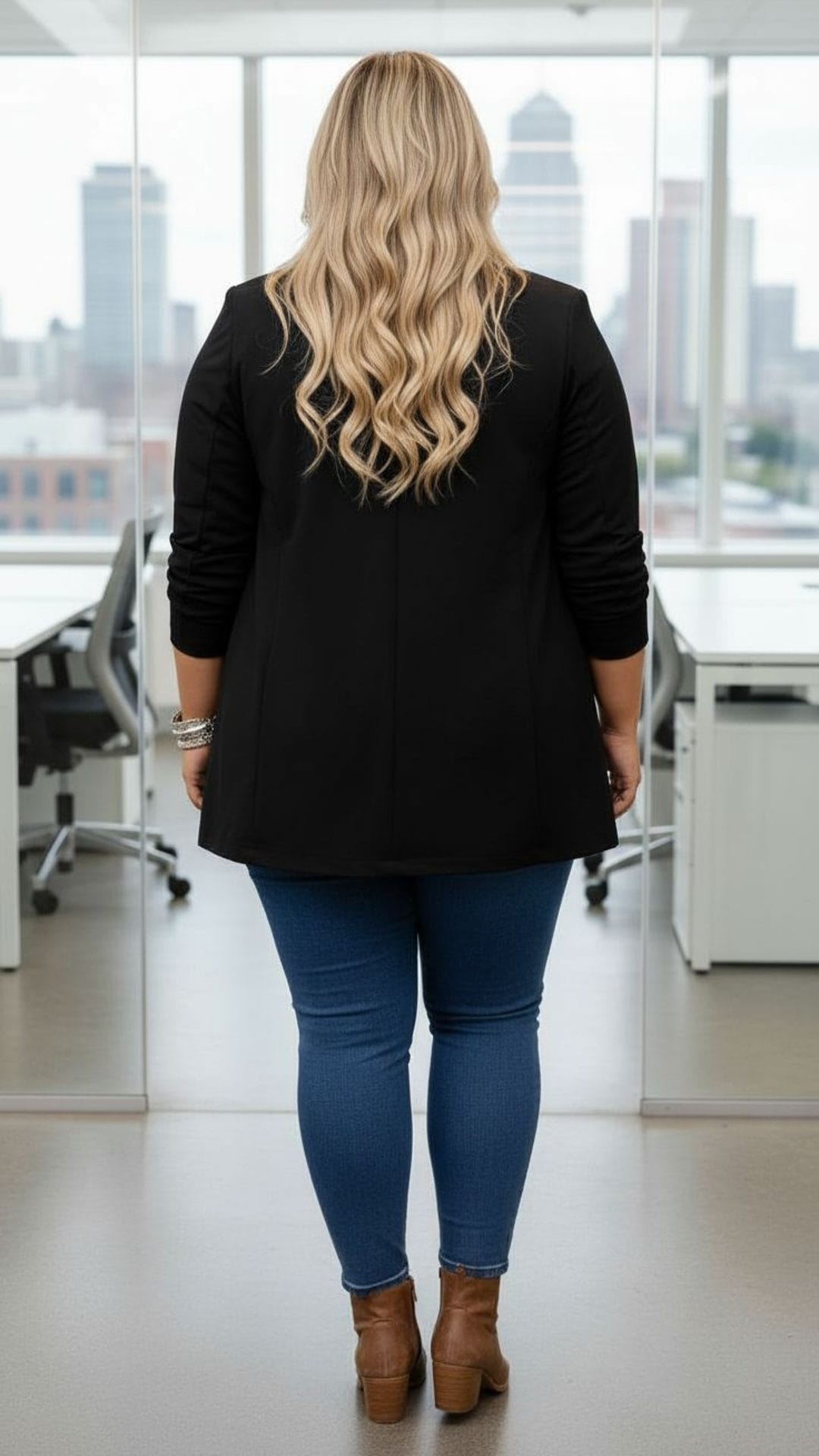 KissICON Elegant Black Draped Office Jacket – Plus Size Confidence Wear