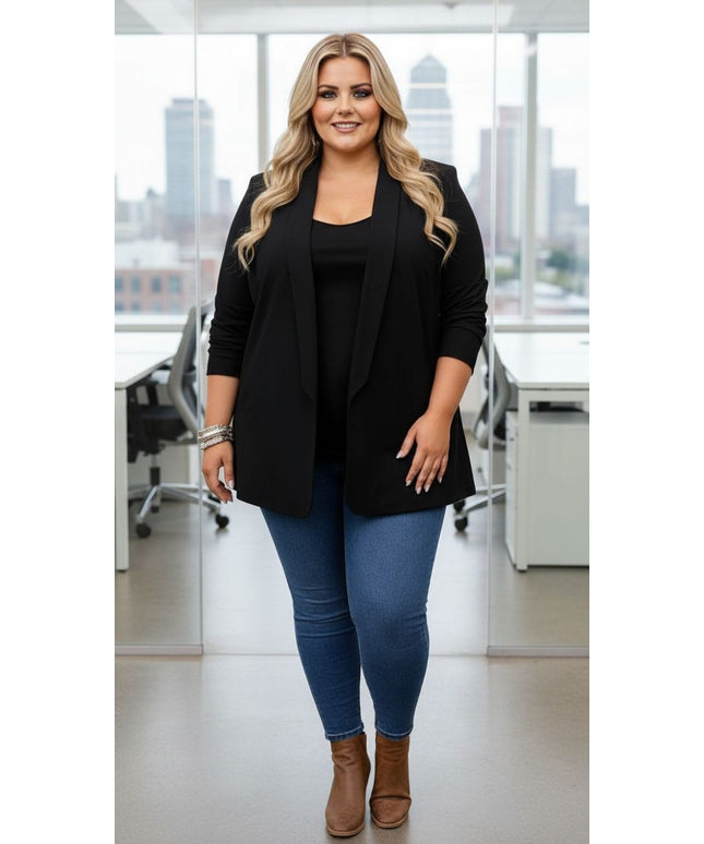 KissICON Elegant Black Draped Office Jacket – Plus Size Confidence Wear