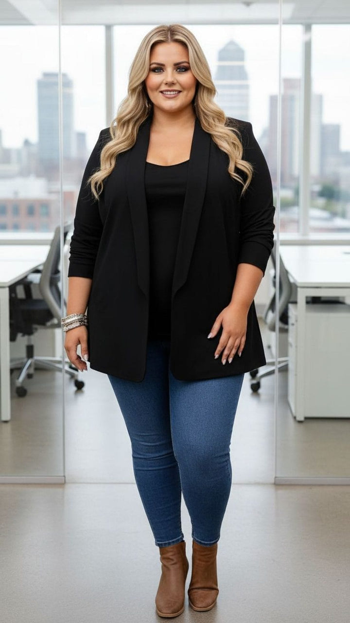 Elegant Black Draped Office Jacket – Plus Size Confidence Wear