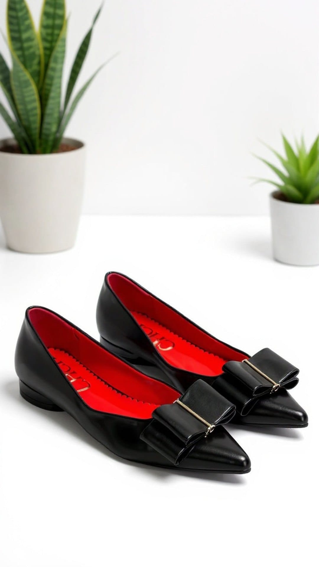 KissICON Elegant Black Faux Leather Bow Pointed Flats