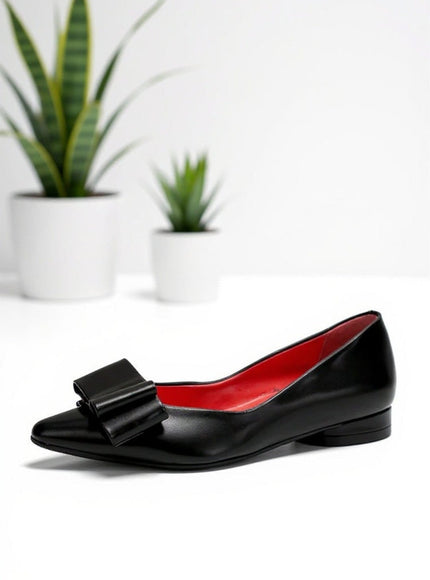 KissICON Elegant Black Faux Leather Bow Pointed Flats
