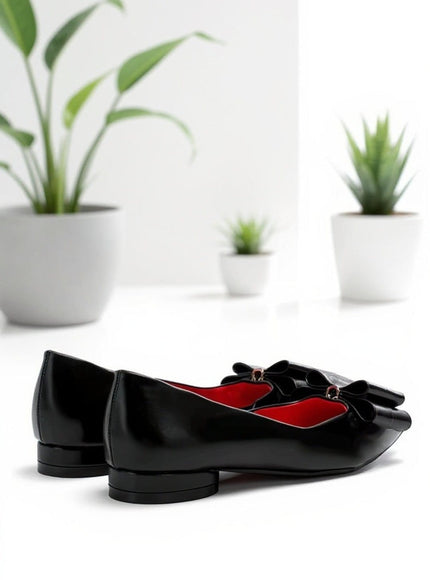 KissICON Elegant Black Faux Leather Bow Pointed Flats