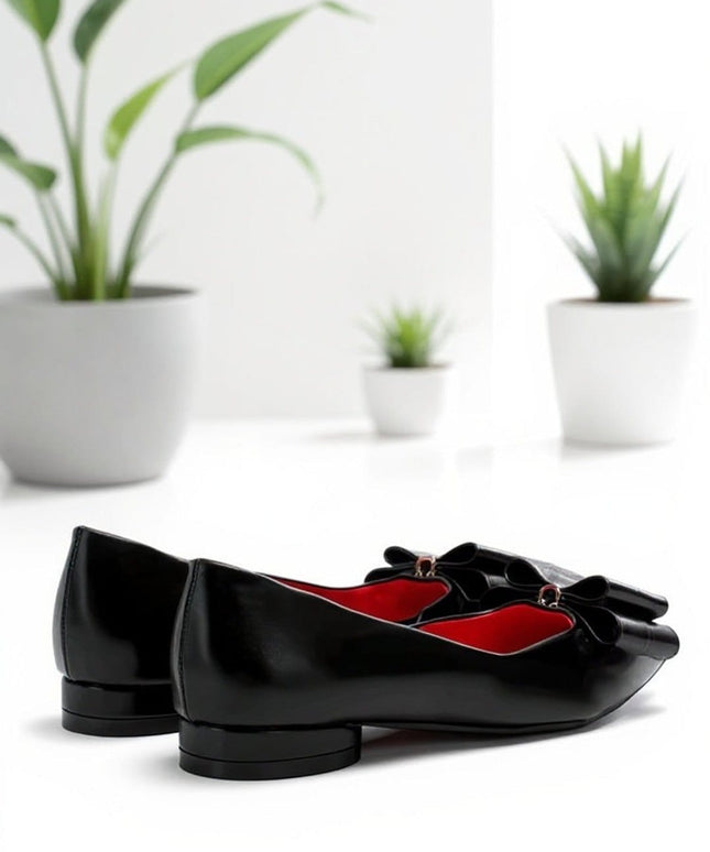 KissICON Elegant Black Faux Leather Bow Pointed Flats