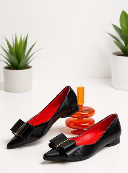 KissICON Elegant Black Faux Leather Bow Pointed Flats