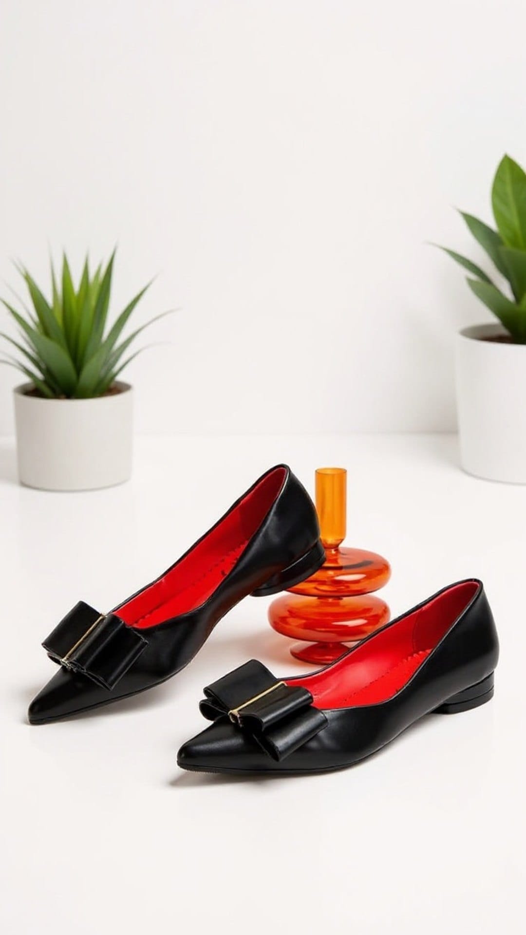 KissICON Elegant Black Faux Leather Bow Pointed Flats