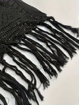 KissICON Elegant Black Lace Fringe Long Sleeve Beach Dress