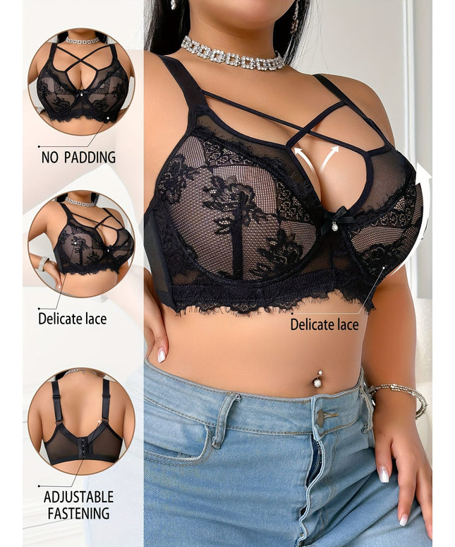 jkthpu-45 Elegant Black Lace Plus Size Floral Corset Bra