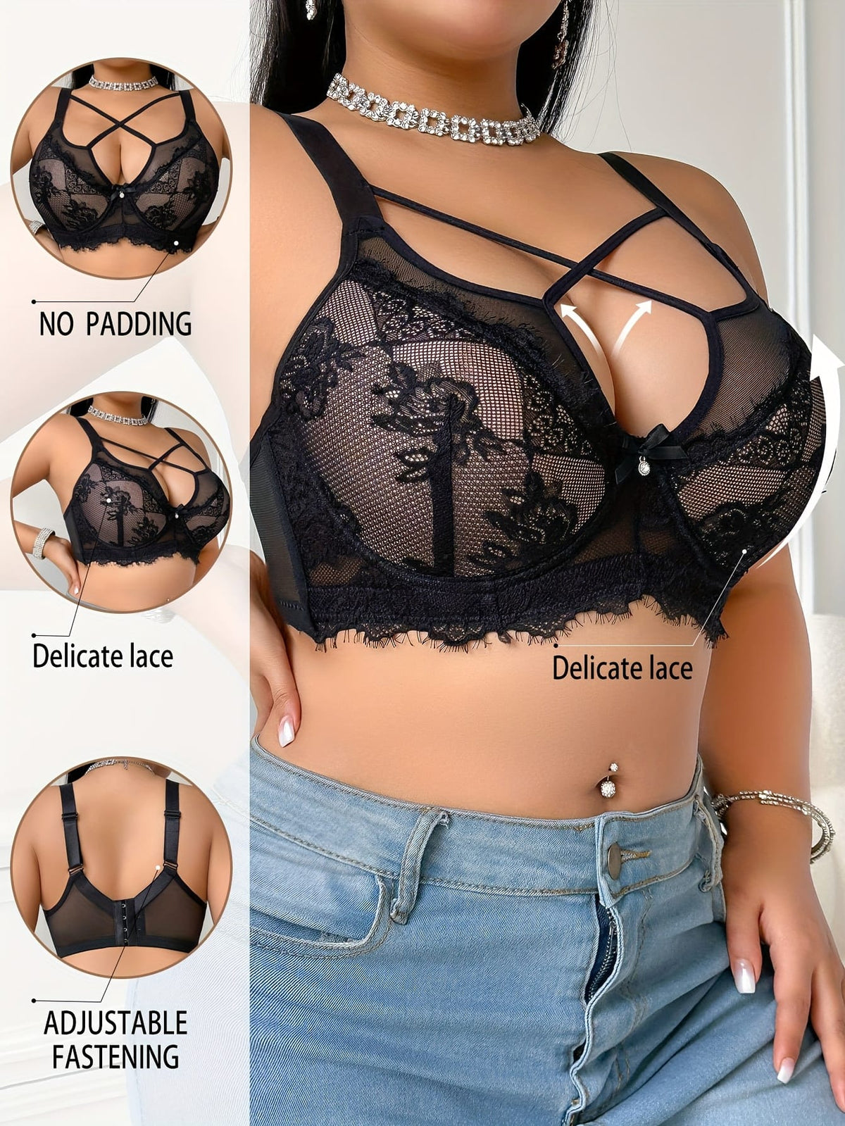 jkthpu-45 Elegant Black Lace Plus Size Floral Corset Bra