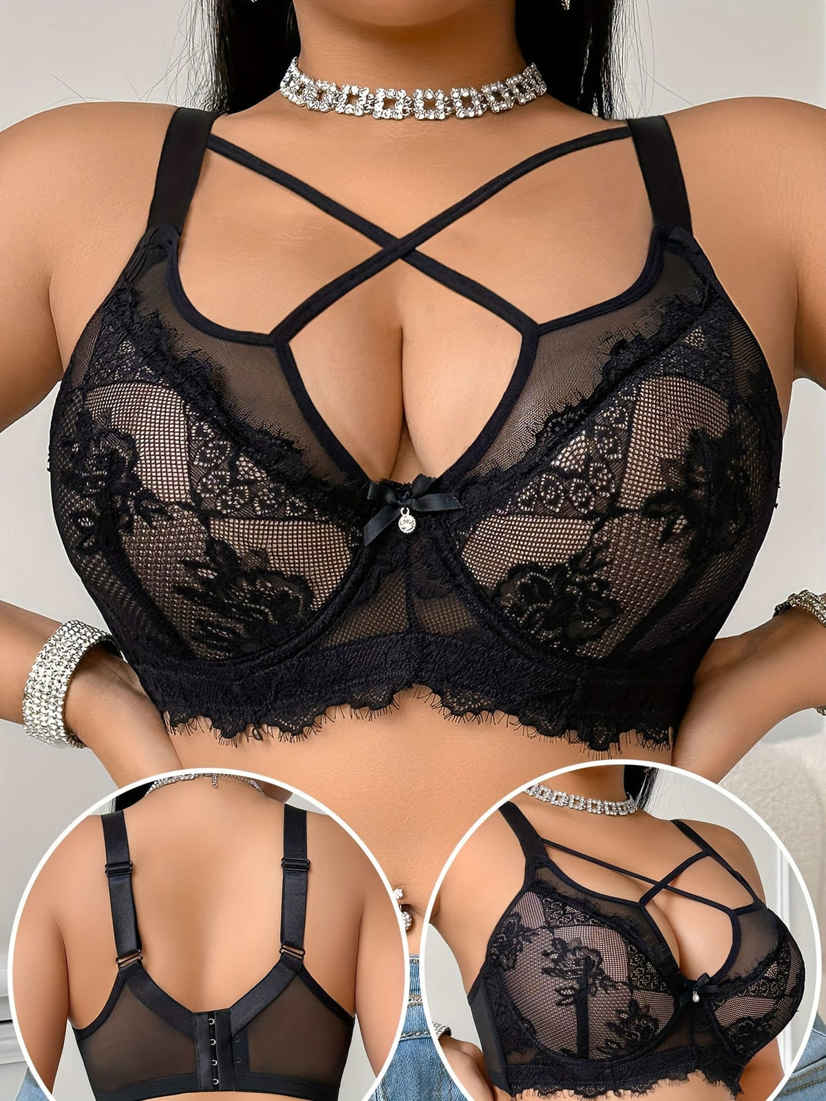 jkthpu-45 Elegant Black Lace Plus Size Floral Corset Bra