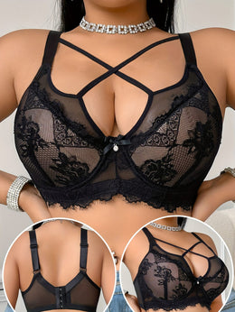 jkthpu-45 Elegant Black Lace Plus Size Floral Corset Bra