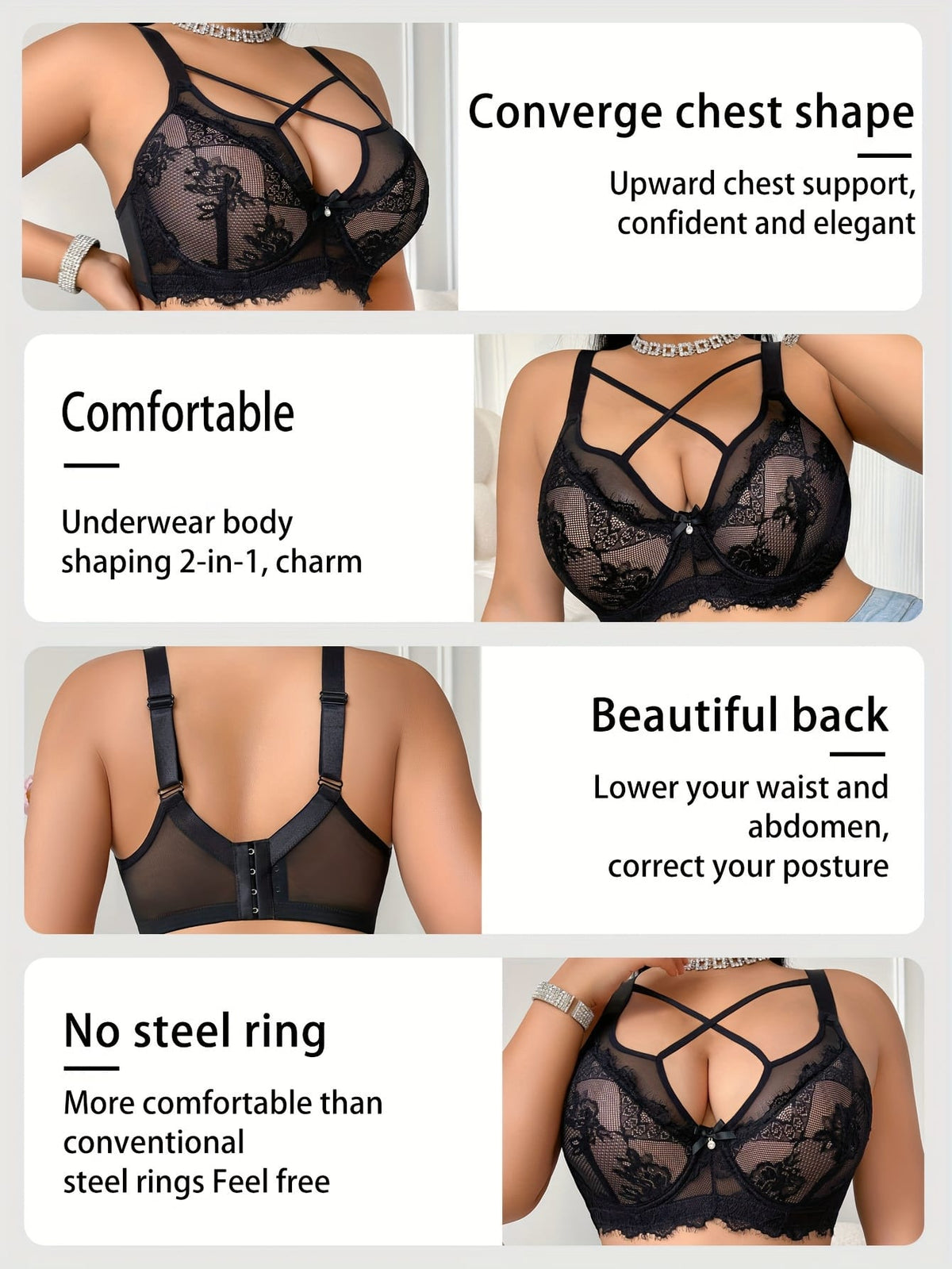 jkthpu-45 Elegant Black Lace Plus Size Floral Corset Bra