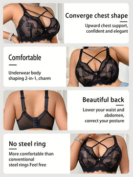 jkthpu-45 Elegant Black Lace Plus Size Floral Corset Bra