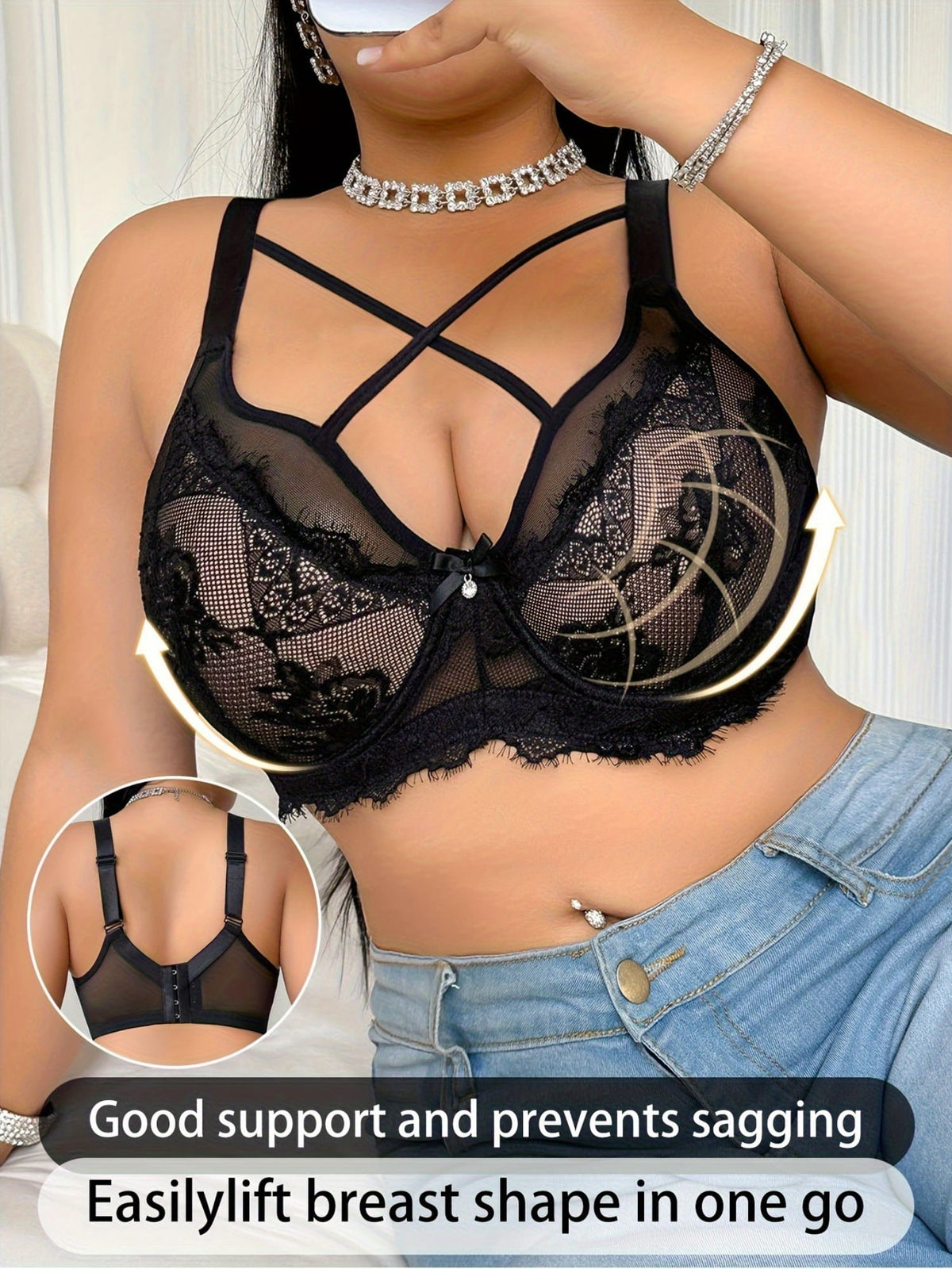 jkthpu-45 Elegant Black Lace Plus Size Floral Corset Bra