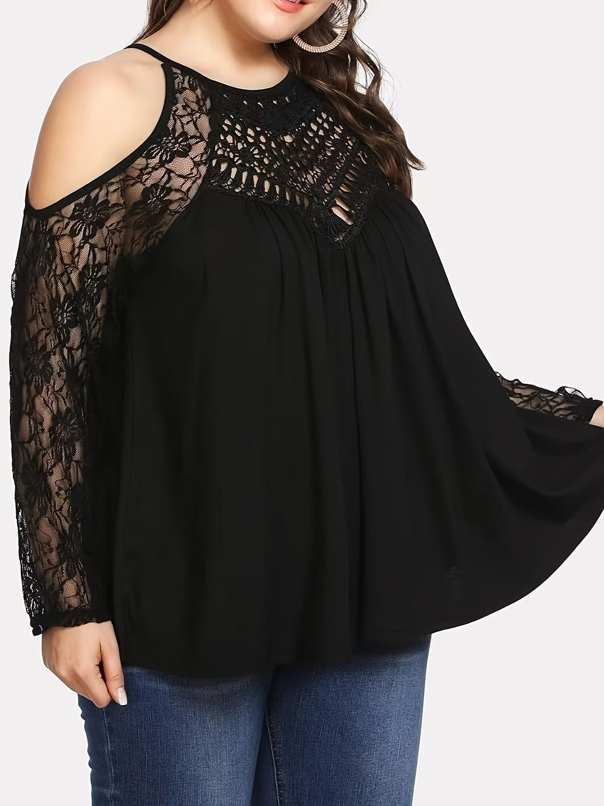 jkthpu-45 Elegant Black Lace Trim Loose Fit Blouse  All Season