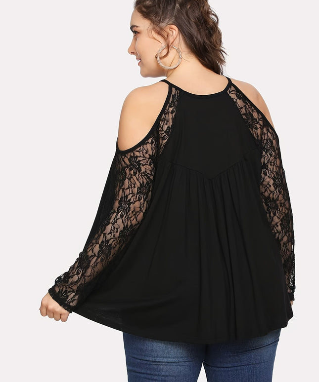 jkthpu-45 Elegant Black Lace Trim Loose Fit Blouse  All Season