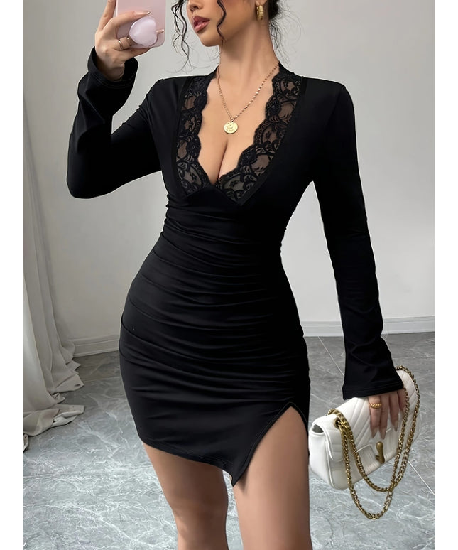 jkthpu-45 Elegant Black Lace V-Neck Mini Dress with Ruched Detail and Side Slit - Long Sleeve, Fitted Silhouette for Parties, Gatherings, and Casual Attire, Party Dress | Ruched Detail Dress | Lace Trim Dress