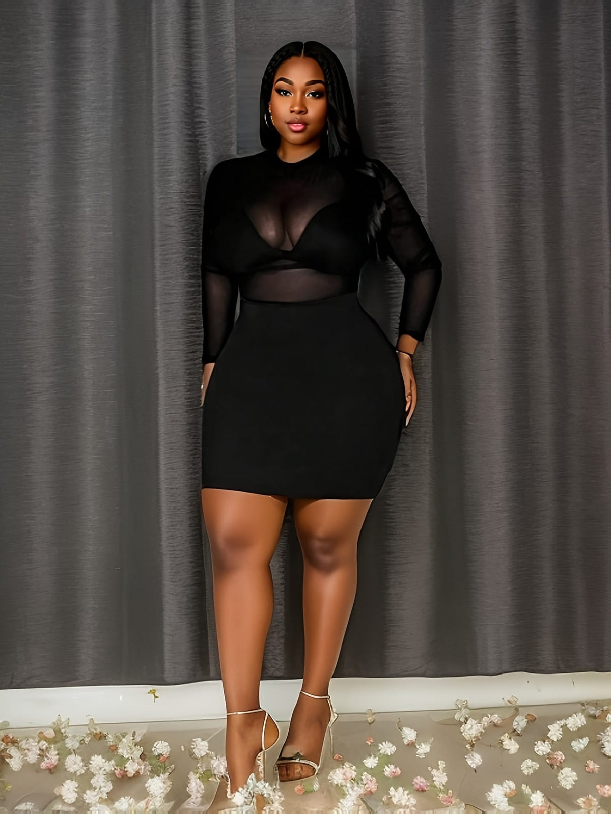 jkthpu-45 Elegant Black Mesh Bodycon Plus Size Dress