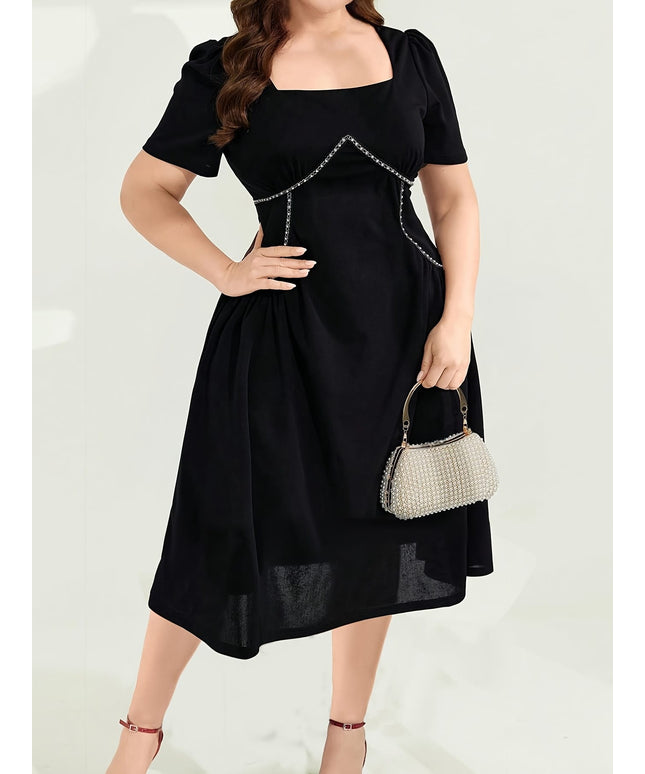 jkthpu-45 Elegant Black Midi Dress with Square Neckline and Short Sleeves - Casual Loose Fit, Chain Detail, Perfect for Weekend Attire, Casual Attire|Casual Style|Chain Accent