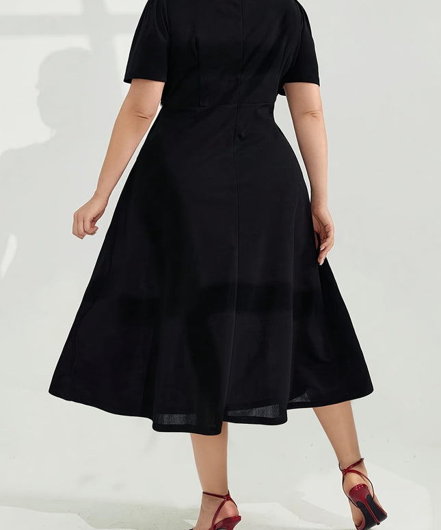 jkthpu-45 Elegant Black Midi Dress with Square Neckline and Short Sleeves - Casual Loose Fit, Chain Detail, Perfect for Weekend Attire, Casual Attire|Casual Style|Chain Accent