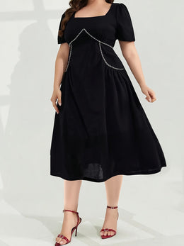 jkthpu-45 Elegant Black Midi Dress with Square Neckline and Short Sleeves - Casual Loose Fit, Chain Detail, Perfect for Weekend Attire, Casual Attire|Casual Style|Chain Accent