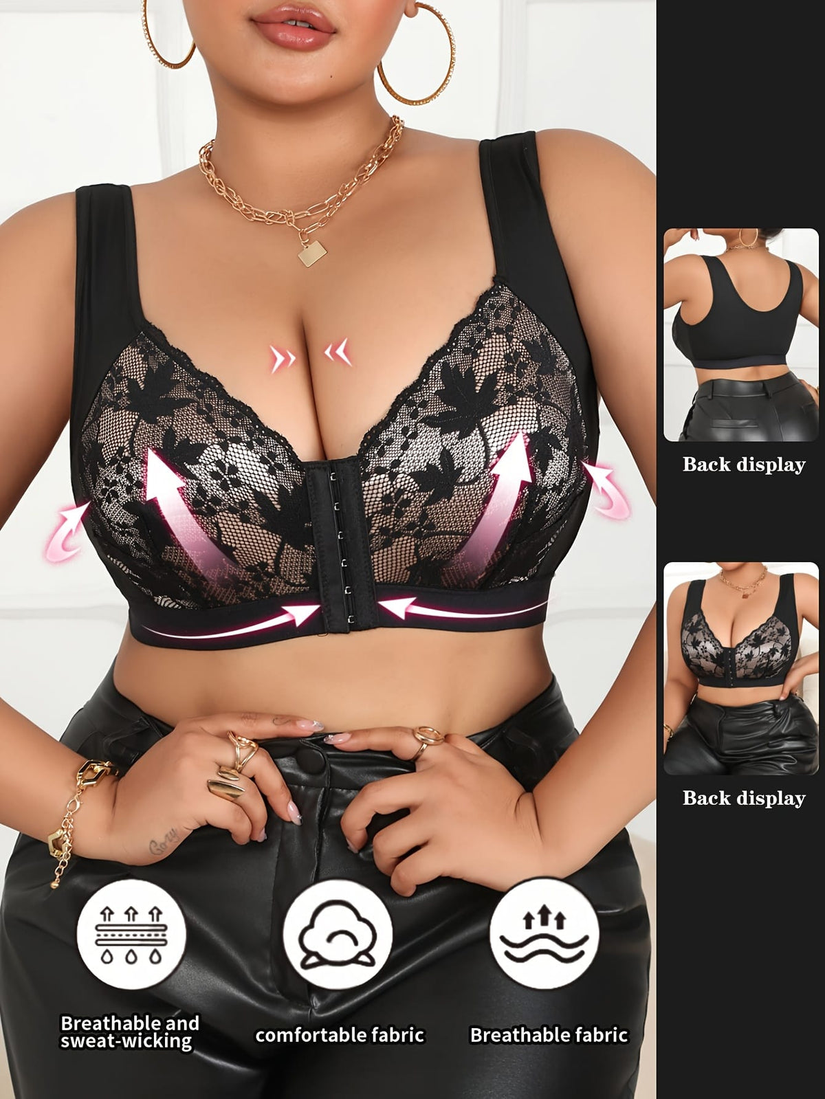 jkthpu-45 Elegant Black Pink Floral Lace VNeck Plus Size Top
