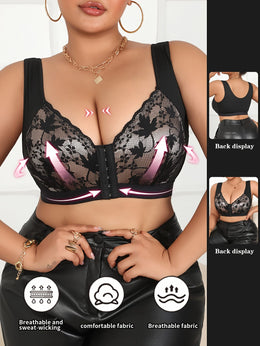 jkthpu-45 Elegant Black Pink Floral Lace VNeck Plus Size Top