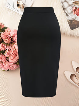 jkthpu-45 Elegant Black Plus Size Pencil Skirt 5 Buttons Machine Washable