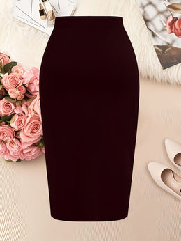 jkthpu-45 Elegant Black Plus Size Pencil Skirt 5 Buttons Machine Washable