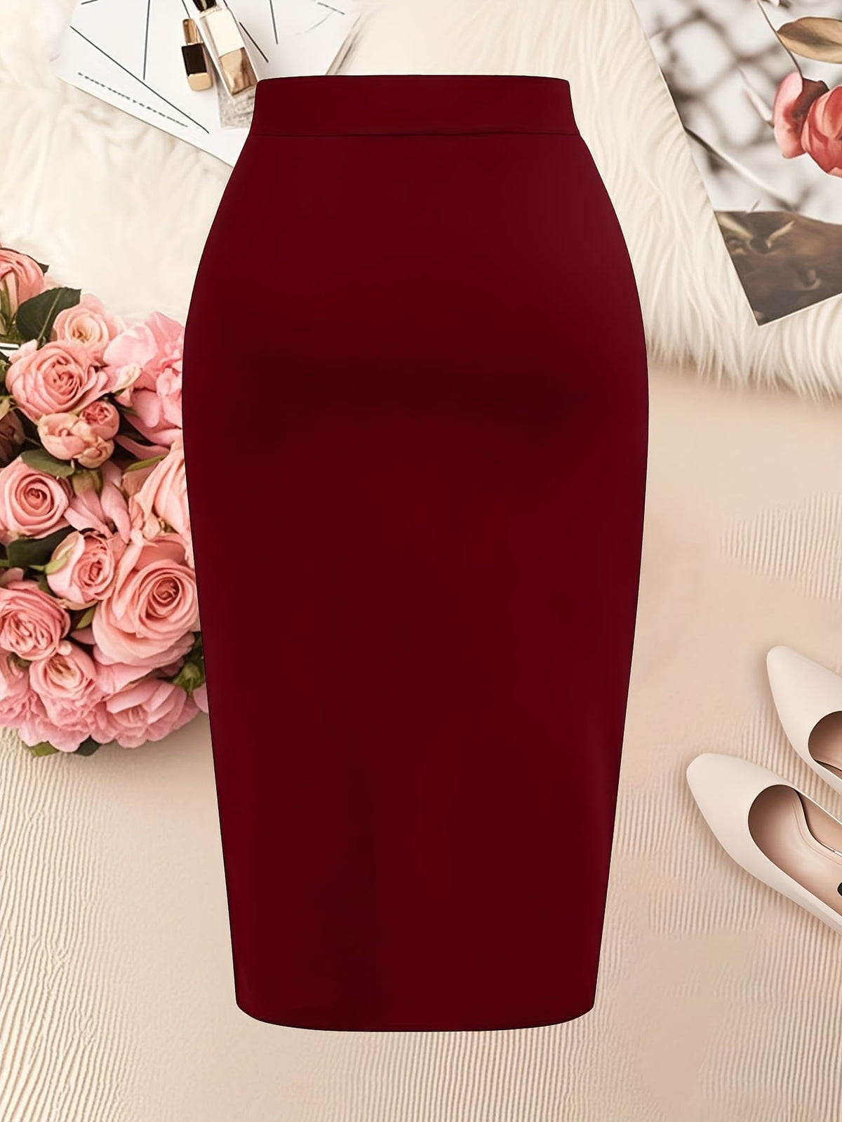 jkthpu-45 Elegant Black Plus Size Pencil Skirt 5 Buttons Machine Washable