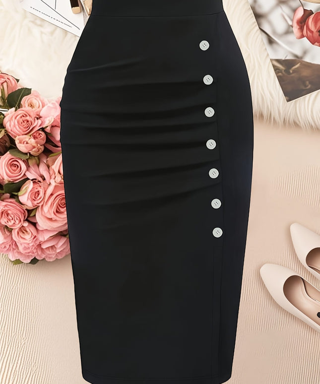 jkthpu-45 Elegant Black Plus Size Pencil Skirt 5 Buttons Machine Washable