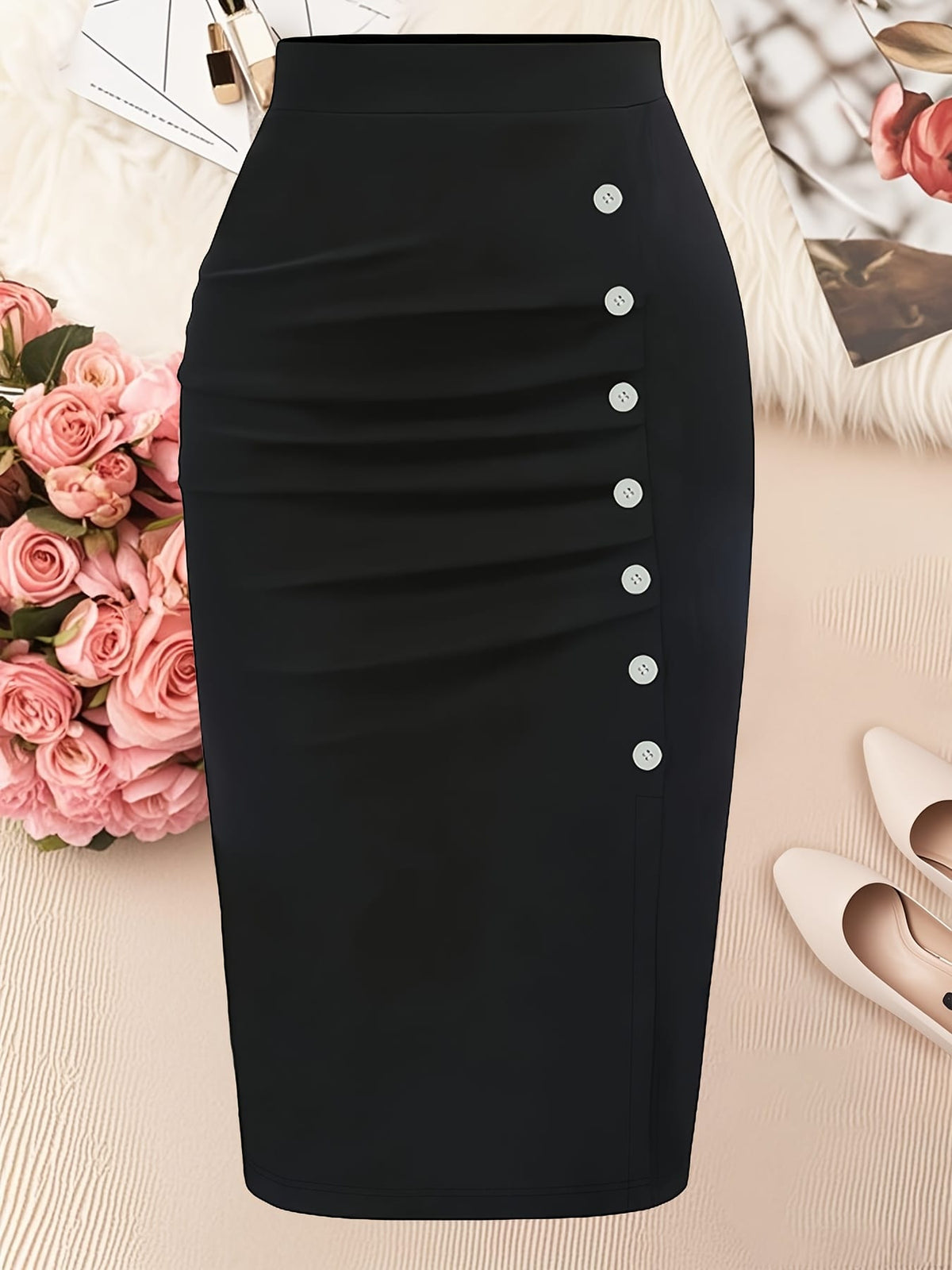 jkthpu-45 Elegant Black Plus Size Pencil Skirt 5 Buttons Machine Washable