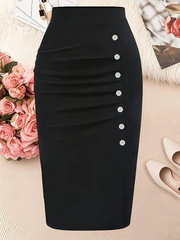 jkthpu-45 Elegant Black Plus Size Pencil Skirt 5 Buttons Machine Washable