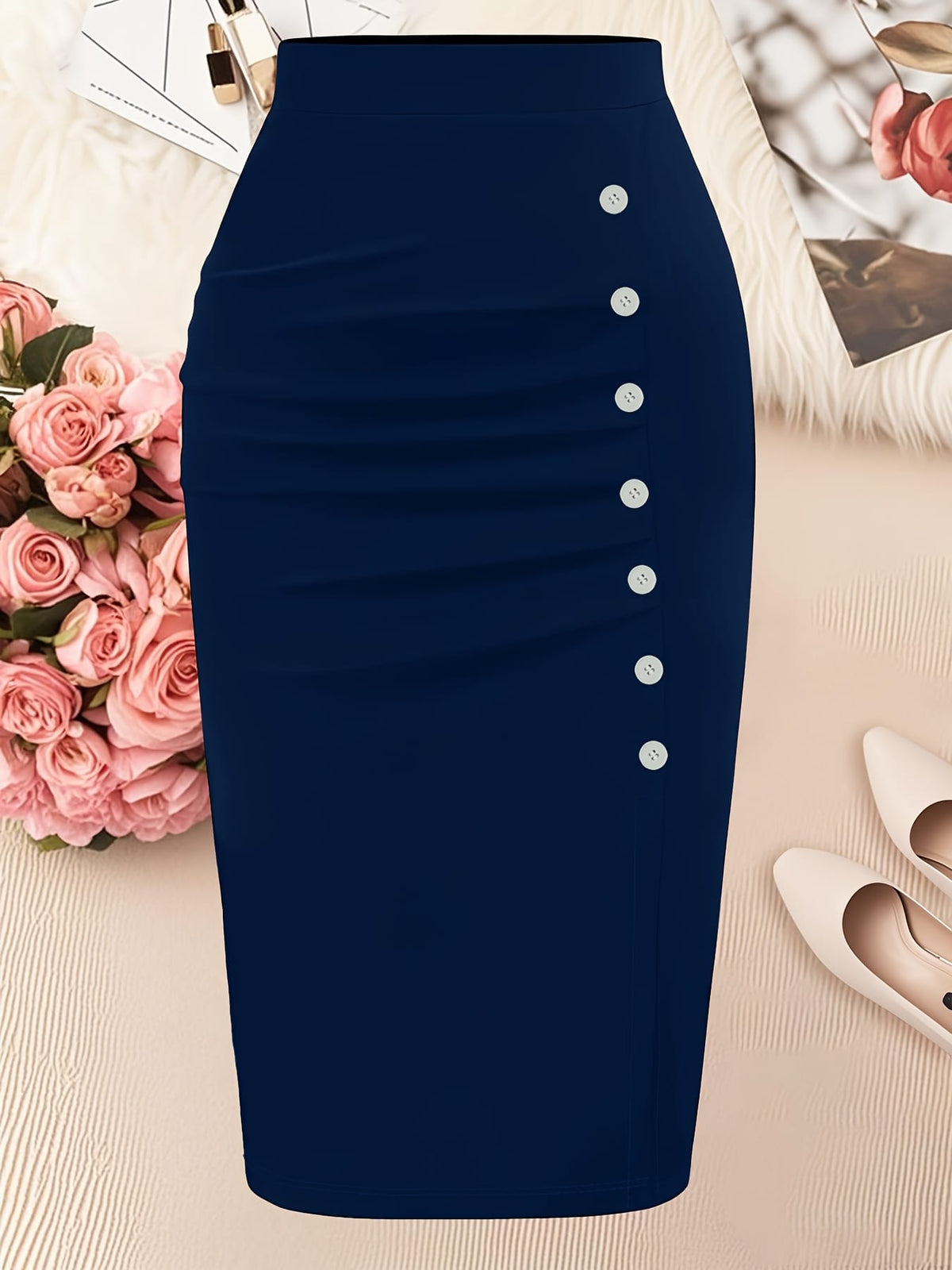 jkthpu-45 Elegant Black Plus Size Pencil Skirt 5 Buttons Machine Washable
