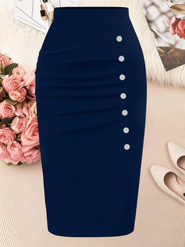 jkthpu-45 Elegant Black Plus Size Pencil Skirt 5 Buttons Machine Washable