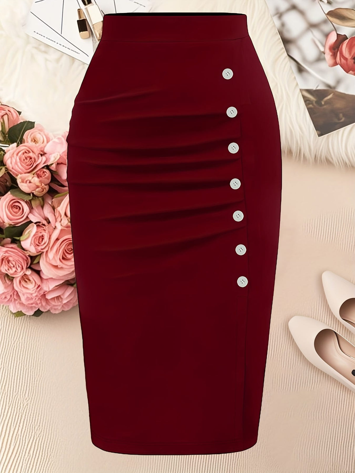jkthpu-45 Elegant Black Plus Size Pencil Skirt 5 Buttons Machine Washable