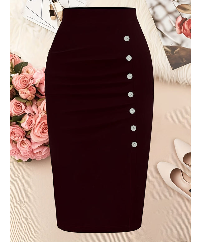 jkthpu-45 Elegant Black Plus Size Pencil Skirt 5 Buttons Machine Washable