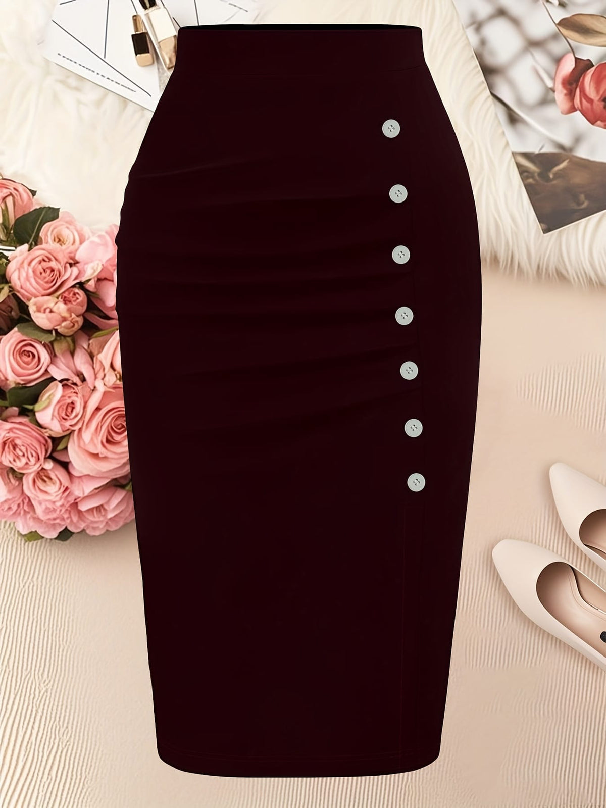 jkthpu-45 Elegant Black Plus Size Pencil Skirt 5 Buttons Machine Washable