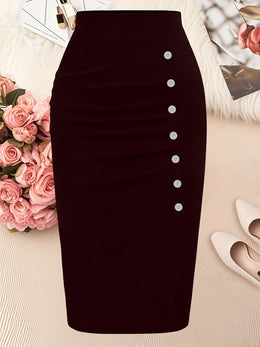 jkthpu-45 Elegant Black Plus Size Pencil Skirt 5 Buttons Machine Washable