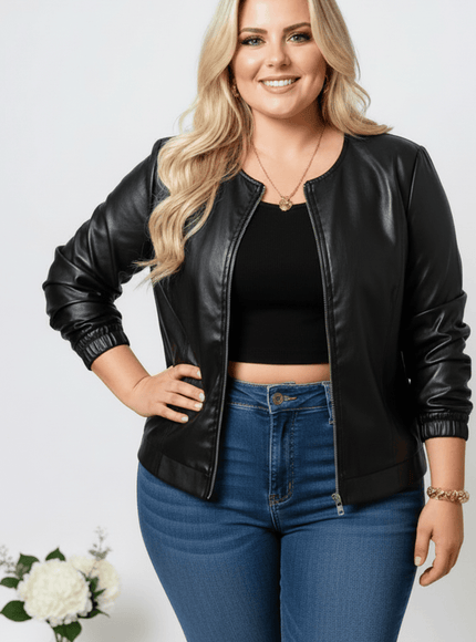 jkthpu-45 Elegant Black Plus Size ZipUp Slim Fit Jacket