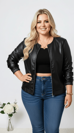 jkthpu-45 Elegant Black Plus Size ZipUp Slim Fit Jacket