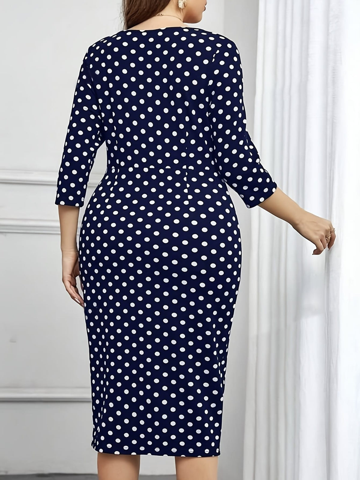 jkthpu-45 Elegant Black Polka Dot Dress for Women - Chic 5-Point Sleeve, Mid-Thigh Length with Side Slit, Twist Detail, and Belted Waist, Perfect for Casual or Formal Occasions, Versatile Fashion | Chic Dress Style | Medium Elasticity Fabri