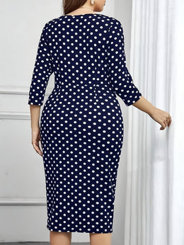 jkthpu-45 Elegant Black Polka Dot Dress for Women - Chic 5-Point Sleeve, Mid-Thigh Length with Side Slit, Twist Detail, and Belted Waist, Perfect for Casual or Formal Occasions, Versatile Fashion | Chic Dress Style | Medium Elasticity Fabri