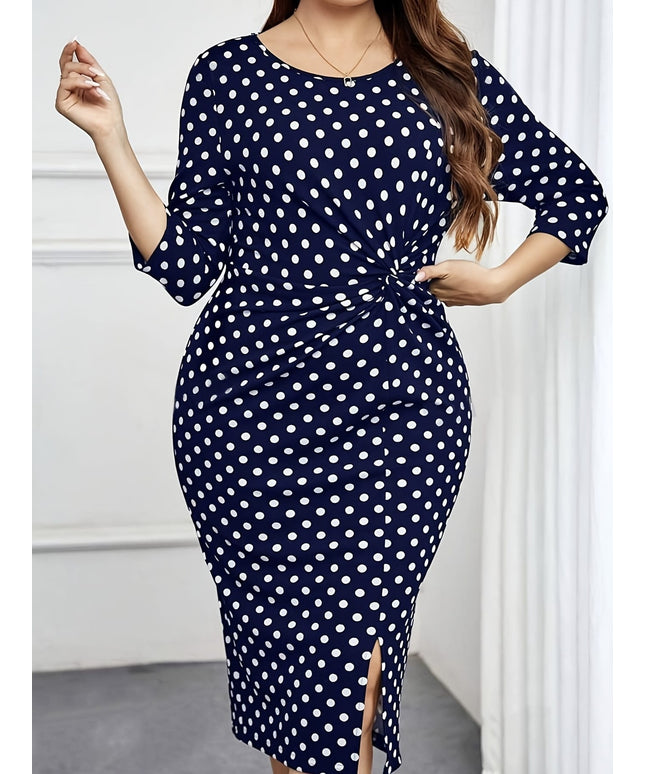 jkthpu-45 Elegant Black Polka Dot Dress for Women - Chic 5-Point Sleeve, Mid-Thigh Length with Side Slit, Twist Detail, and Belted Waist, Perfect for Casual or Formal Occasions, Versatile Fashion | Chic Dress Style | Medium Elasticity Fabri