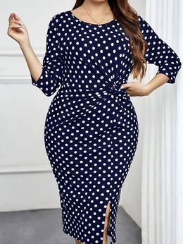jkthpu-45 Elegant Black Polka Dot Dress for Women - Chic 5-Point Sleeve, Mid-Thigh Length with Side Slit, Twist Detail, and Belted Waist, Perfect for Casual or Formal Occasions, Versatile Fashion | Chic Dress Style | Medium Elasticity Fabri