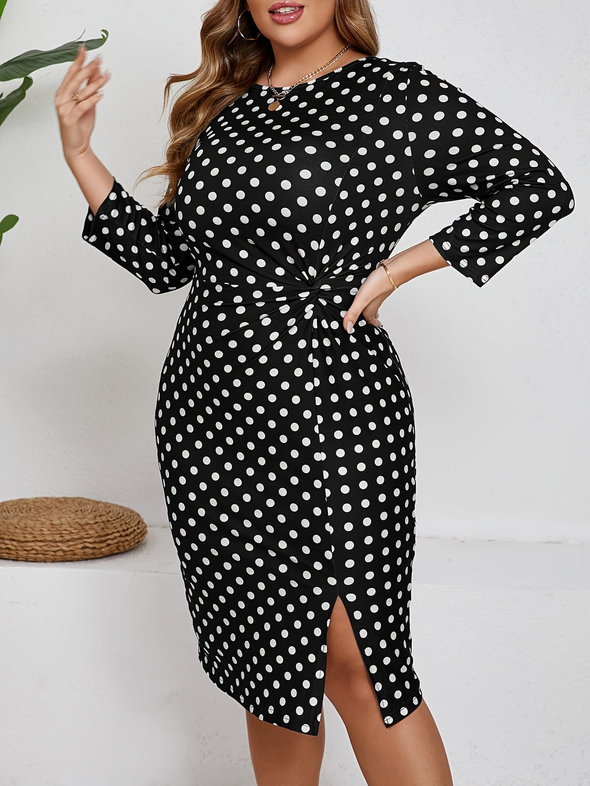 jkthpu-45 Elegant Black Polka Dot Dress for Women - Chic 5-Point Sleeve, Mid-Thigh Length with Side Slit, Twist Detail, and Belted Waist, Perfect for Casual or Formal Occasions, Versatile Fashion | Chic Dress Style | Medium Elasticity Fabri