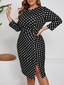 jkthpu-45 Elegant Black Polka Dot Dress for Women - Chic 5-Point Sleeve, Mid-Thigh Length with Side Slit, Twist Detail, and Belted Waist, Perfect for Casual or Formal Occasions, Versatile Fashion | Chic Dress Style | Medium Elasticity Fabri