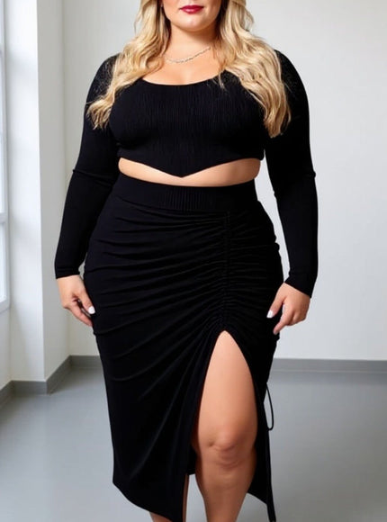 KissICON Elegant Black Ruched Midi Skirt with Adjustable Drawstring Split