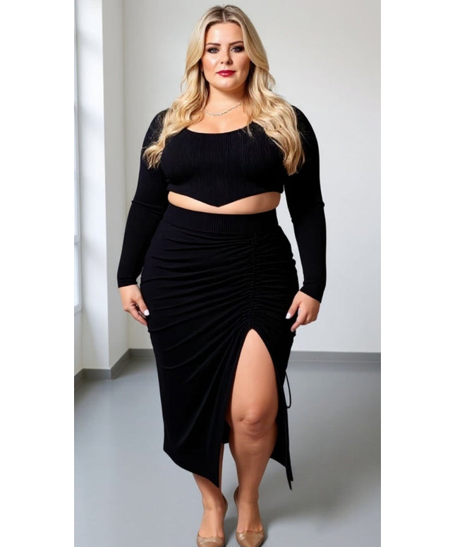 KissICON Elegant Black Ruched Midi Skirt with Adjustable Drawstring Split