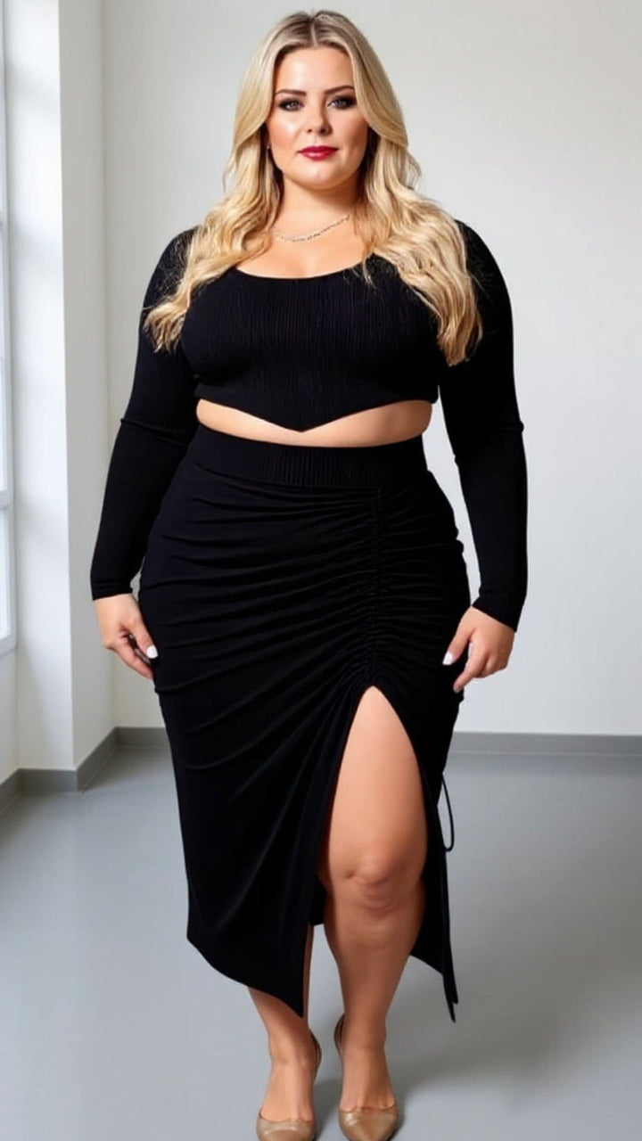 Elegant Black Ruched Midi Skirt with Adjustable Drawstring Split