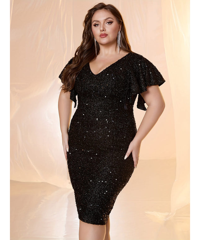 jkthpu-45 Elegant Black Sequin V-Neck Dress with Lace Sleeves, Cinched Waist & Bodycon Fit - Mid-Length Party Gown for Women, Perfect for Weddings, Banquets & Formal Events, Sequin Formal Dress, Wedding Guest Attire, Structured Silhouette